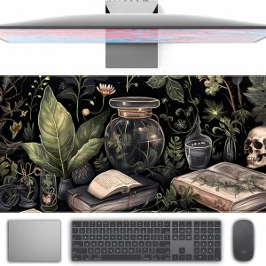 Dark Academia Desk Mat Mouse Pad XL Extended Large Gaming Desk Pad Mousepad, Mystical Green Plant Computer Laptop Keyboard and Mouse Mat, Desktop Protector Mat for Women Girl Office 31.5×11.8 in
