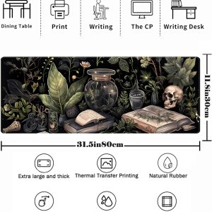 Dark Academia Desk Mat Mouse Pad XL Extended Large Gaming Desk Pad Mousepad, Mystical Green Plant Computer Laptop Keyboard and Mouse Mat, Desktop Protector Mat for Women Girl Office 31.5×11.8 in