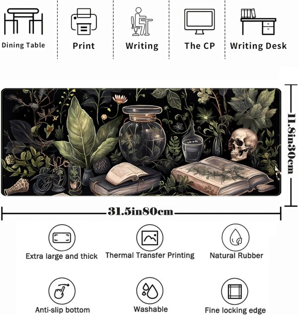 Dark Academia Desk Mat Mouse Pad XL Extended Large Gaming Desk Pad Mousepad, Mystical Green Plant Computer Laptop Keyboard and Mouse Mat, Desktop Protector Mat for Women Girl Office 31.5x11.8 in - Image 2