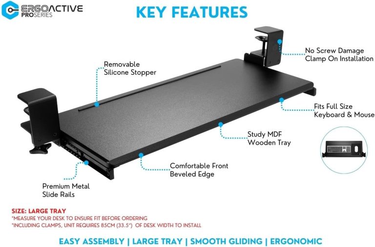ErgoActive Wide Under Desk Slide Out Keyboard Tray with Clamp On Easy Installation, Fits Full Size Keyboard and Mouse, Under Desk Drawer (Wood Tray)