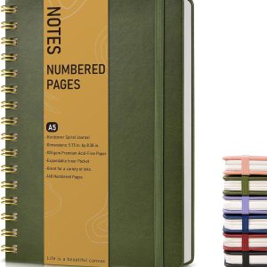 Lined Spiral Journal Notebook, A5 Hardcover Spiral Journals for Women Men, 150 Numbered Pages Spiral Bound Notebook, 100 GSM College Ruled Notebooks for Writing Note Taking 5.75″ x 8.38″, Olive Green