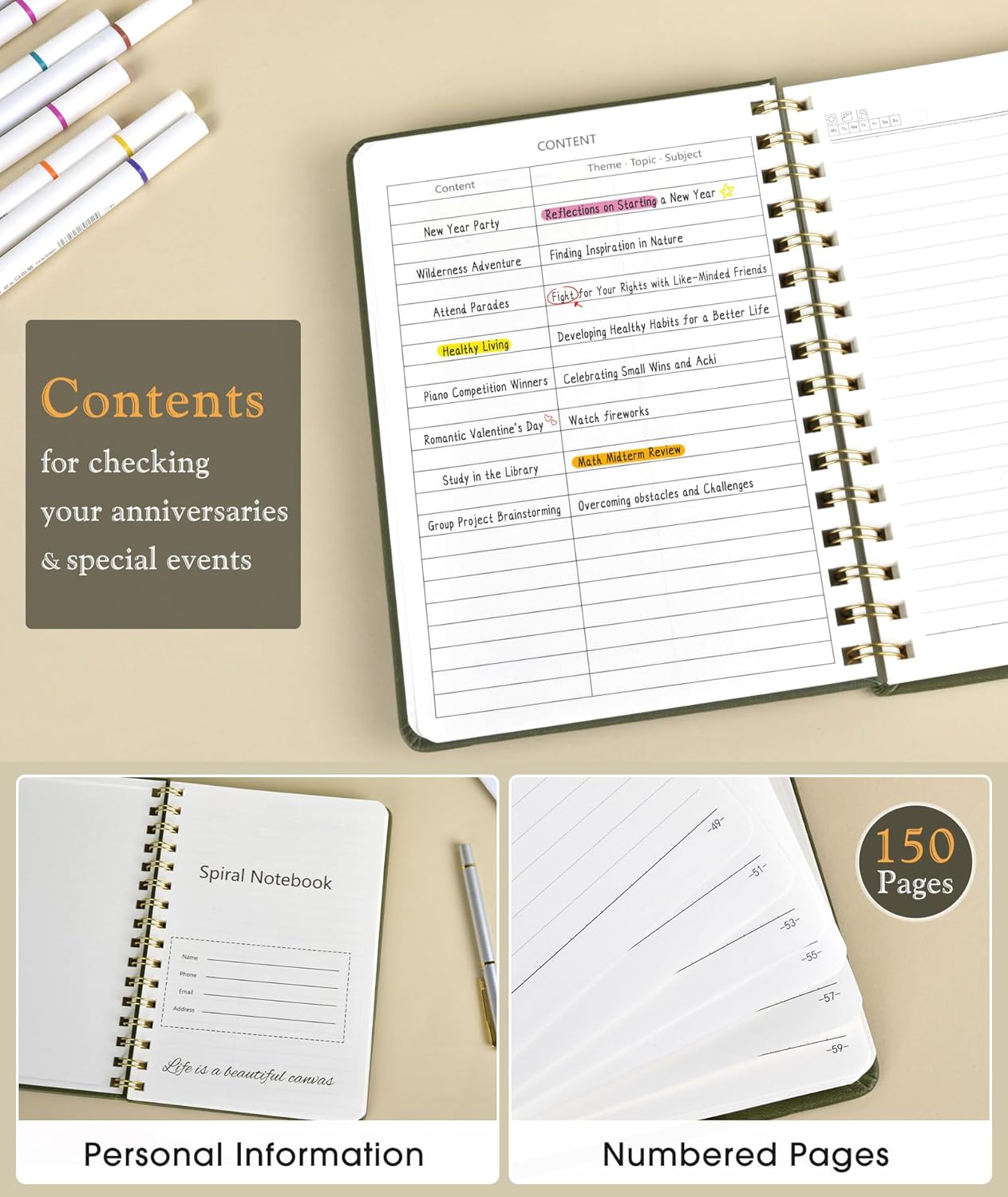 Lined Spiral Journal Notebook, A5 Hardcover Spiral Journals for Women Men, 150 Numbered Pages Spiral Bound Notebook, 100 GSM College Ruled Notebooks for Writing Note Taking 5.75″ x 8.38″, Olive Green