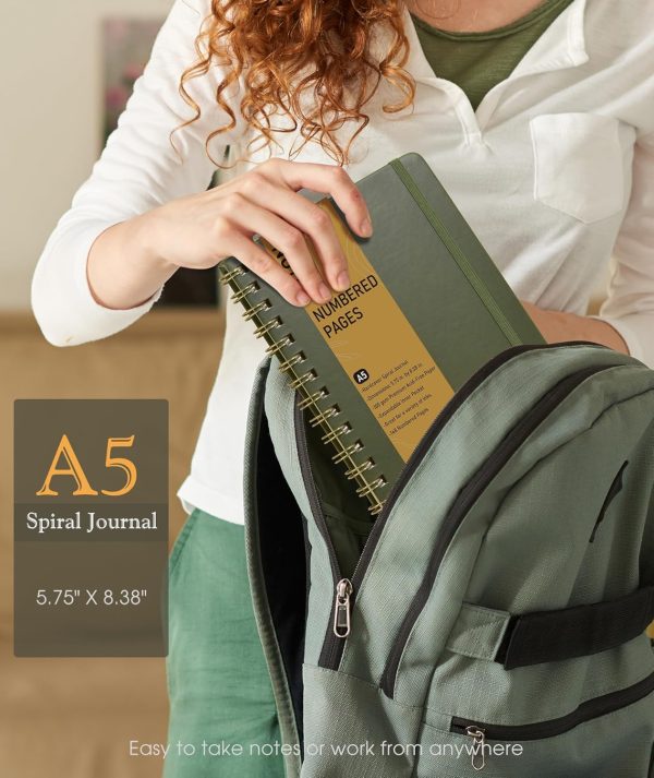 Lined Spiral Journal Notebook, A5 Hardcover Spiral Journals for Women Men, 150 Numbered Pages Spiral Bound Notebook, 100 GSM College Ruled Notebooks for Writing Note Taking 5.75" x 8.38", Olive Green - Image 3