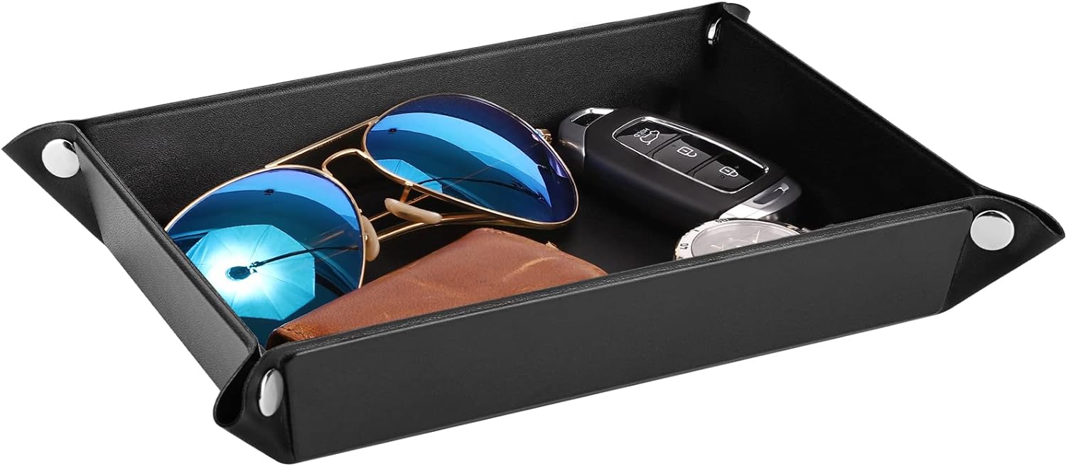 Luxspire Valet tray, PU Leather Tray, Catchall Tray, Men Women Jewelry Key Tray, Desk Storage Plate for Key Coin Phone Jewelry Wallet, Medium Size – Black