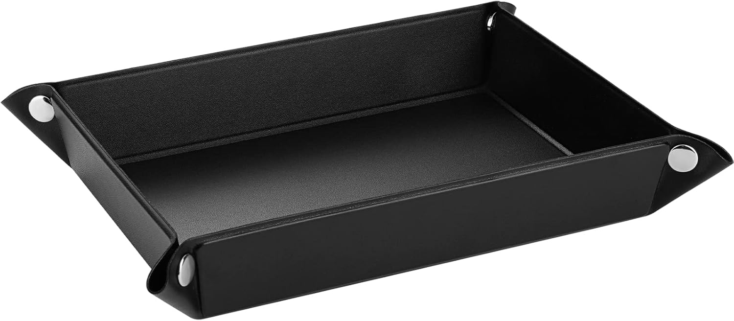 Luxspire Valet tray, PU Leather Tray, Catchall Tray, Men Women Jewelry Key Tray, Desk Storage Plate for Key Coin Phone Jewelry Wallet, Medium Size – Black