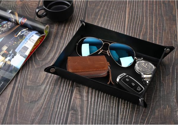 Luxspire Valet tray, PU Leather Tray, Catchall Tray, Men Women Jewelry Key Tray, Desk Storage Plate for Key Coin Phone Jewelry Wallet, Medium Size - Black - Image 4