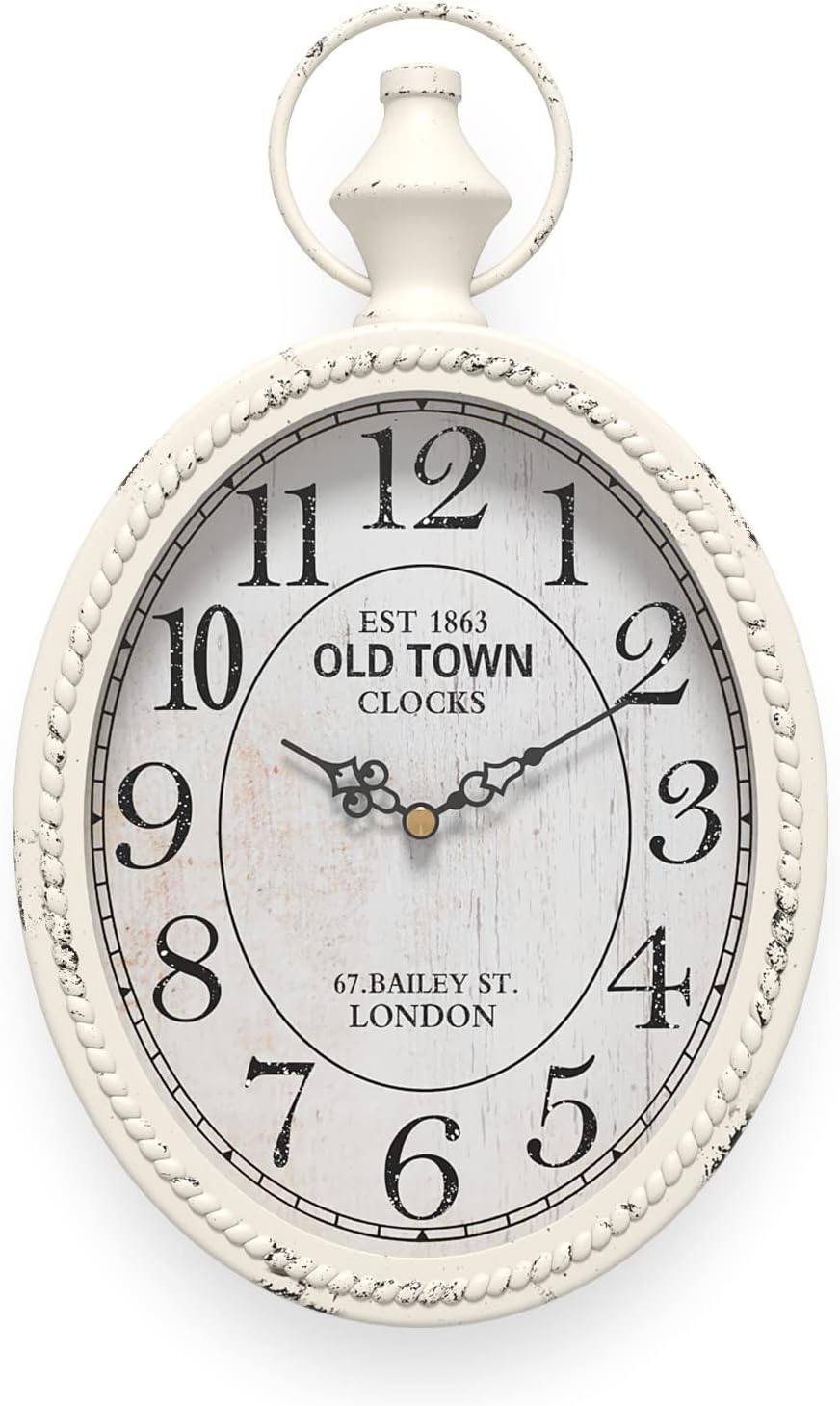 Menterry Small Retro Oval Wall Clock, Antique Old Design, White Vintage Style, Battery Operated Silent Decor Wall Clocks for Kitchen,Bedroom,Farmhouse,Bathroom (11.2″ H x 6.7″ W)