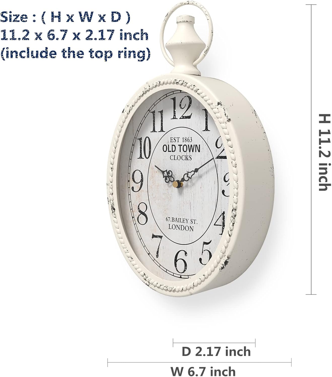 Menterry Small Retro Oval Wall Clock, Antique Old Design, White Vintage Style, Battery Operated Silent Decor Wall Clocks for Kitchen,Bedroom,Farmhouse,Bathroom (11.2″ H x 6.7″ W)