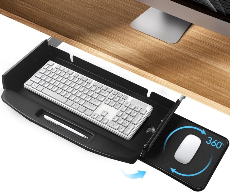 TOOCUST Solid Steel Under Desk Keyboard Tray with 360° Rotating Mouse Platform,Keyboard Shelf Sliding,Under Desk Mounted Keyboard Holder Slide Out,Under Desk 28″Lx10″W
