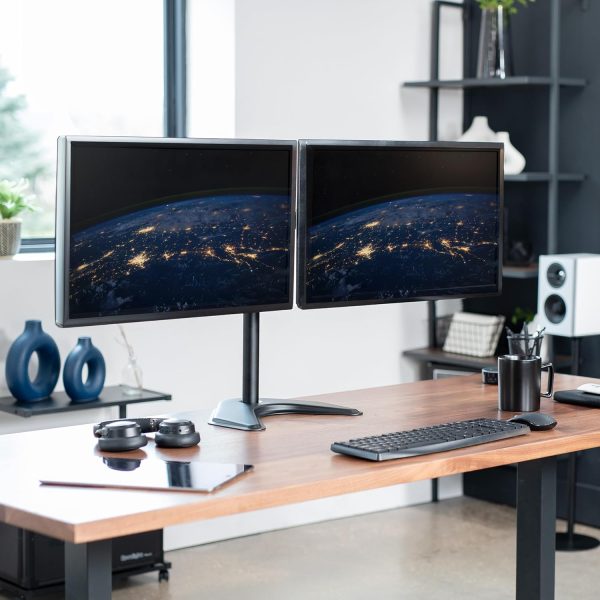 VIVO STAND-V002F Dual LED LCD Monitor Free-Standing Desk Stand for 2 Screens up to 27 Inch Heavy-Duty Fully Adjustable Arms with Max VESA 100x100mm - Image 2