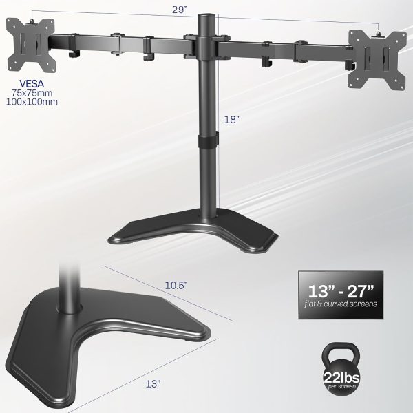 VIVO STAND-V002F Dual LED LCD Monitor Free-Standing Desk Stand for 2 Screens up to 27 Inch Heavy-Duty Fully Adjustable Arms with Max VESA 100x100mm - Image 3