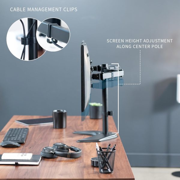 VIVO STAND-V002F Dual LED LCD Monitor Free-Standing Desk Stand for 2 Screens up to 27 Inch Heavy-Duty Fully Adjustable Arms with Max VESA 100x100mm - Image 6