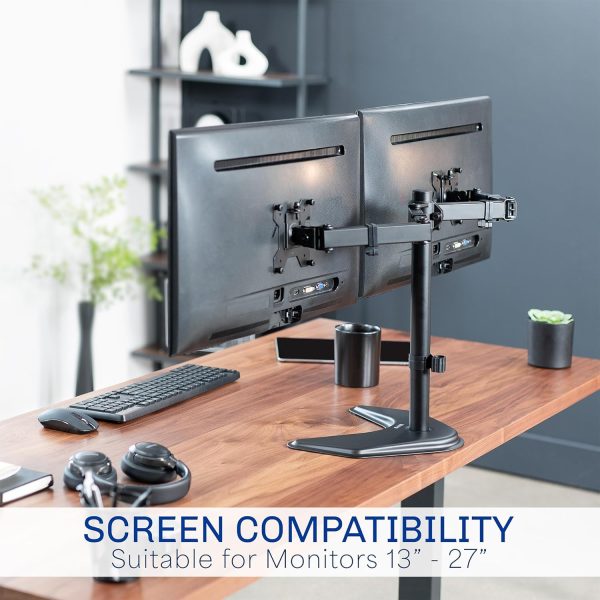 VIVO STAND-V002F Dual LED LCD Monitor Free-Standing Desk Stand for 2 Screens up to 27 Inch Heavy-Duty Fully Adjustable Arms with Max VESA 100x100mm - Image 7